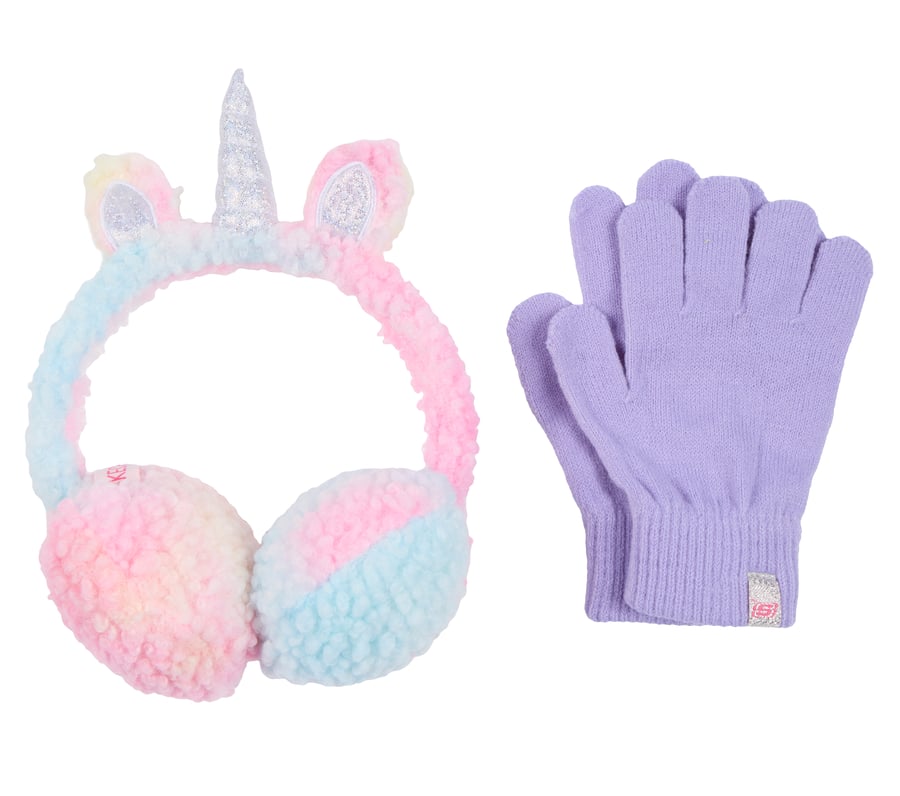 set aus ohrenschützern und handschuhen mit einhornmotiv im batik-look