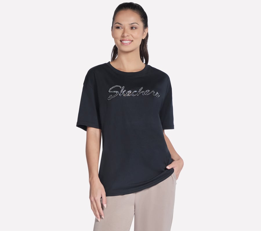 kurzarm-t-shirt mit strassbesatz und schriftzug
